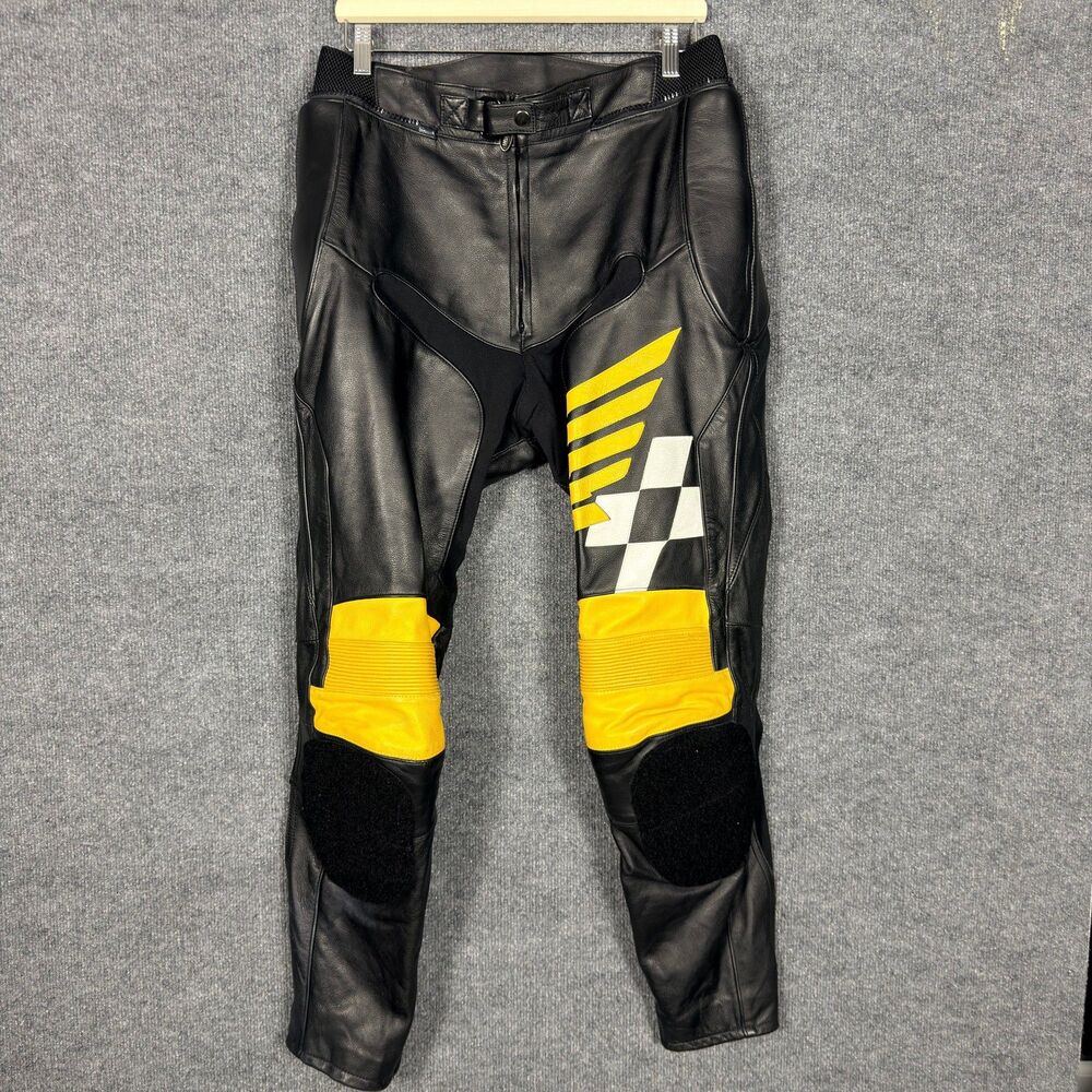 Honda Mens Motorcycle Riding Pants Size 34 Leather Racing Padded Black Yellow
